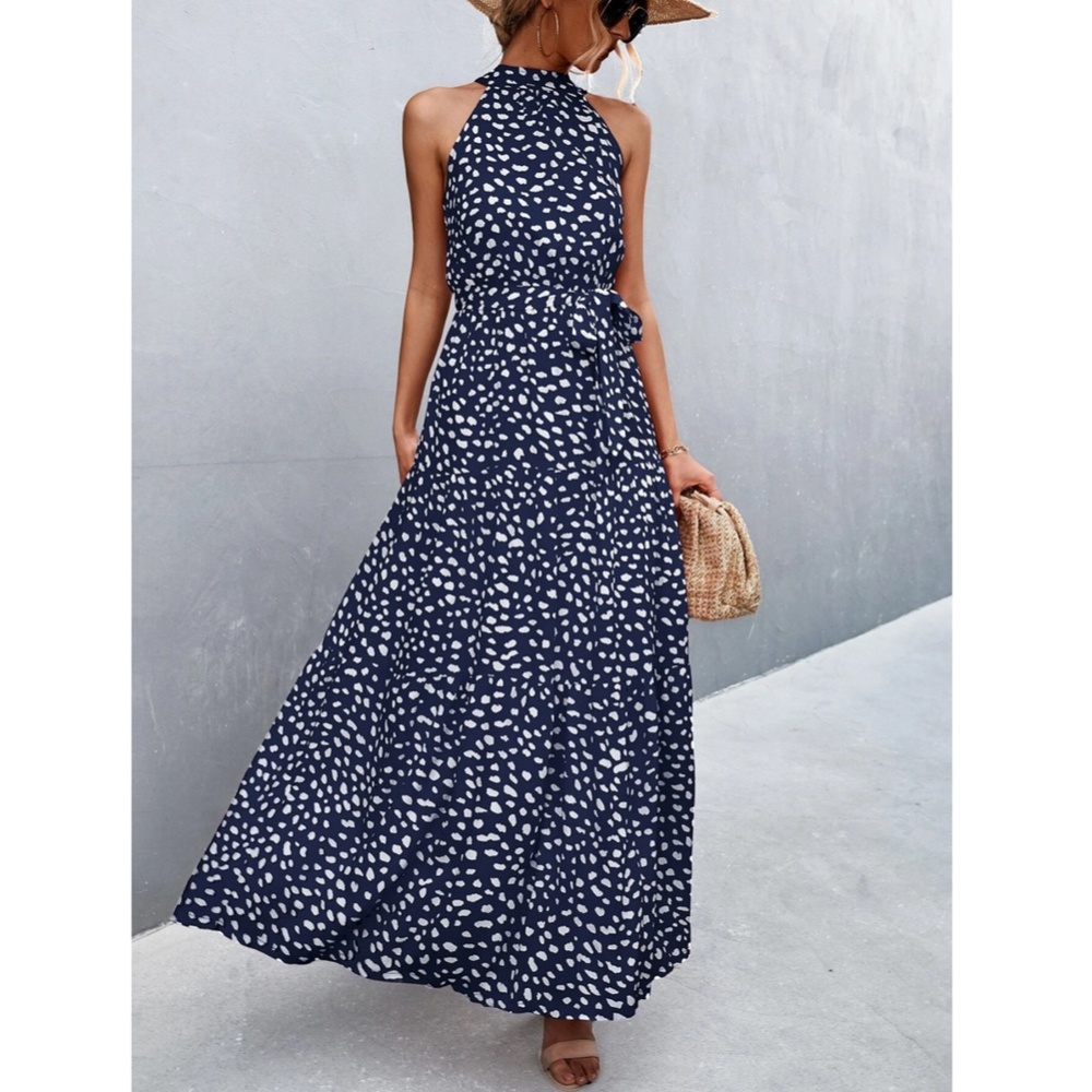 Spotted Print Maxi Dress Tie Belt High Neck - Picture 7 of 13